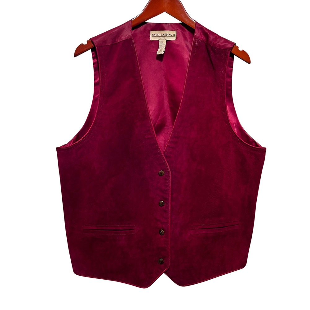 VTG Marsh Landing II Women Western Vest 1X Burgundy‎ Suede Leather Buckle Back